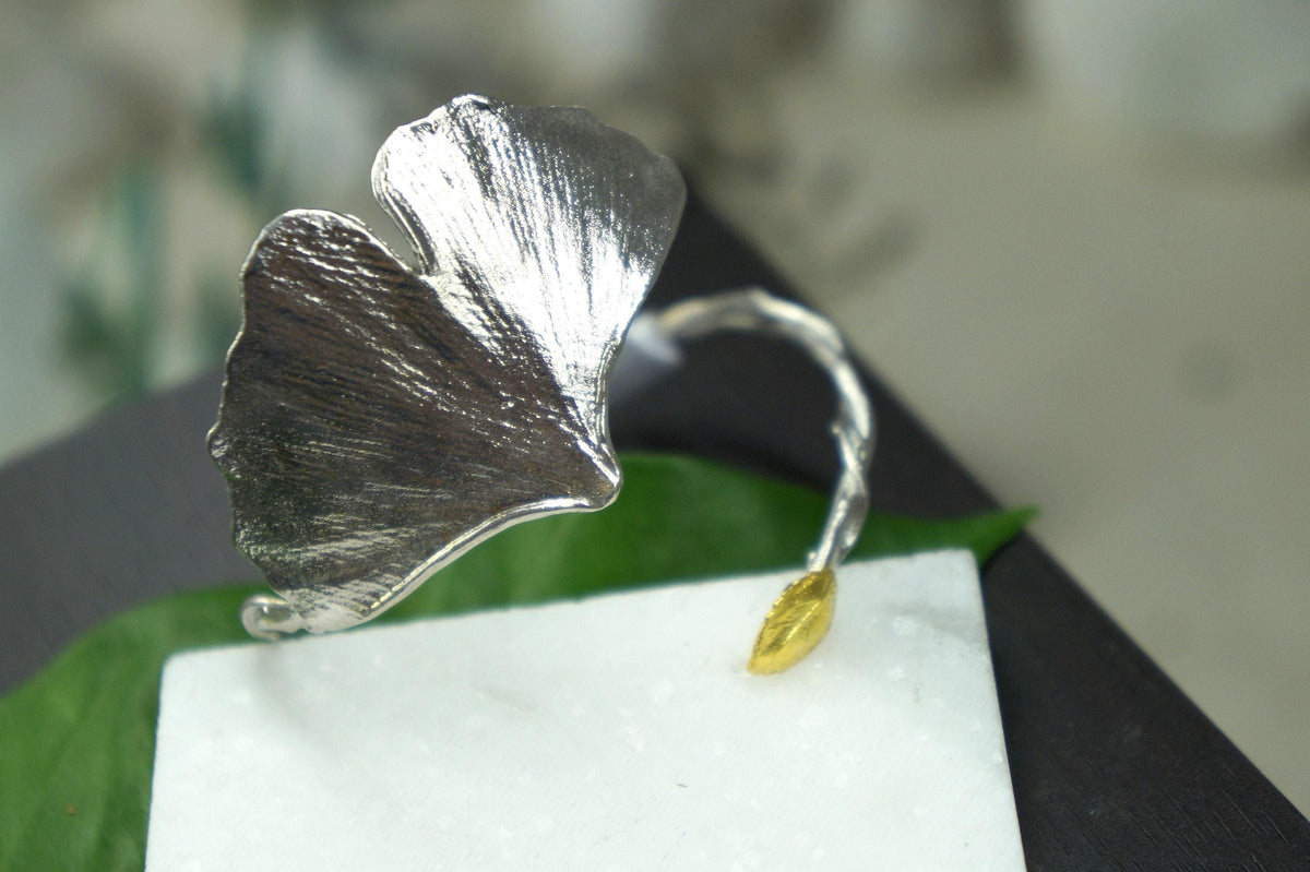 Real Ginkgo Biloba Bracelet, Handmade Nature Jewelry, Organic Forest Cuff, Gift for Longevity & Protection, Gold or Sterling Silver 925-0