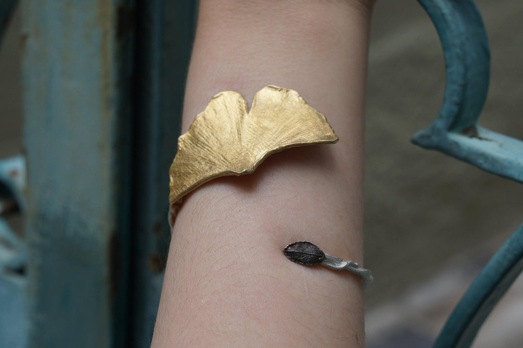 Real Ginkgo Biloba Bracelet, Handmade Nature Jewelry, Organic Forest Cuff, Gift for Longevity & Protection, Gold or Sterling Silver 925-1