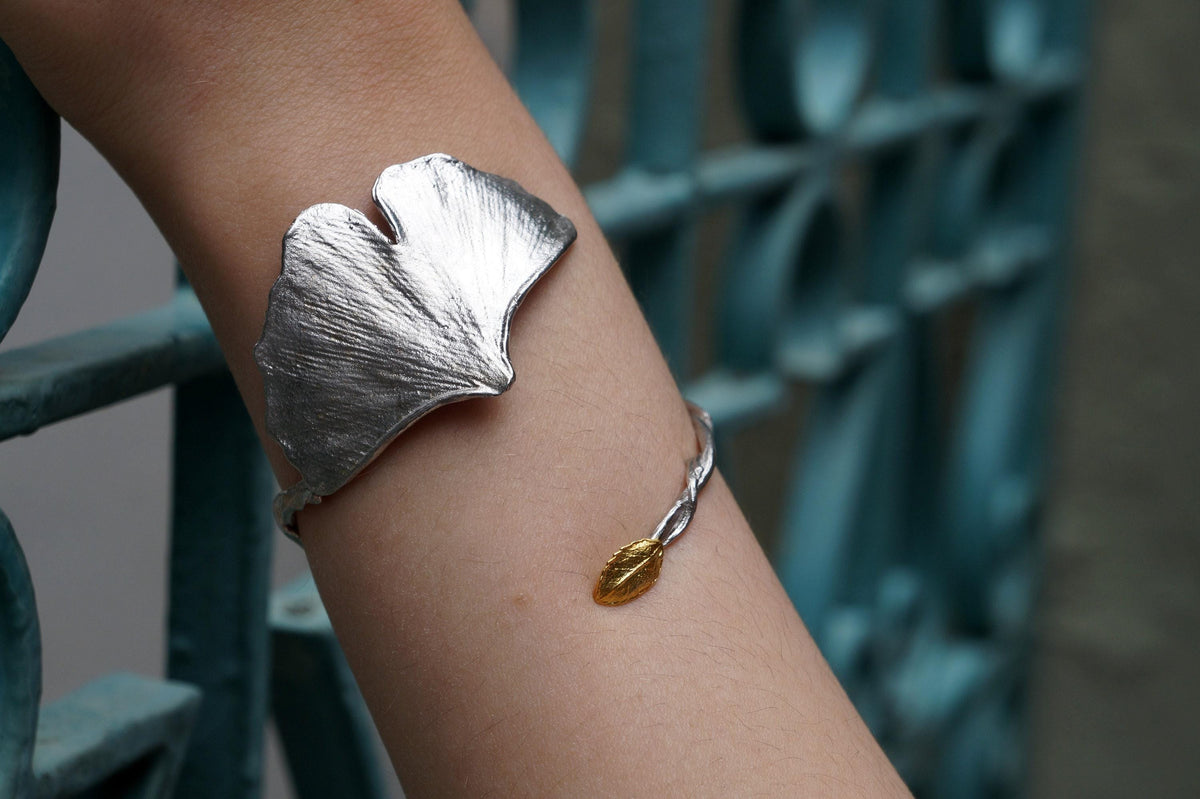 Real Ginkgo Biloba Bracelet, Handmade Nature Jewelry, Organic Forest Cuff, Gift for Longevity & Protection, Gold or Sterling Silver 925-2