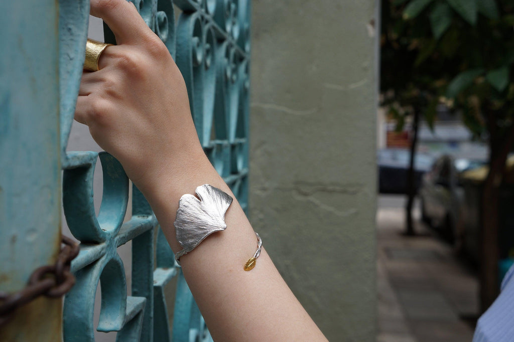 Real Ginkgo Biloba Bracelet, Handmade Nature Jewelry, Organic Forest Cuff, Gift for Longevity & Protection, Gold or Sterling Silver 925-4