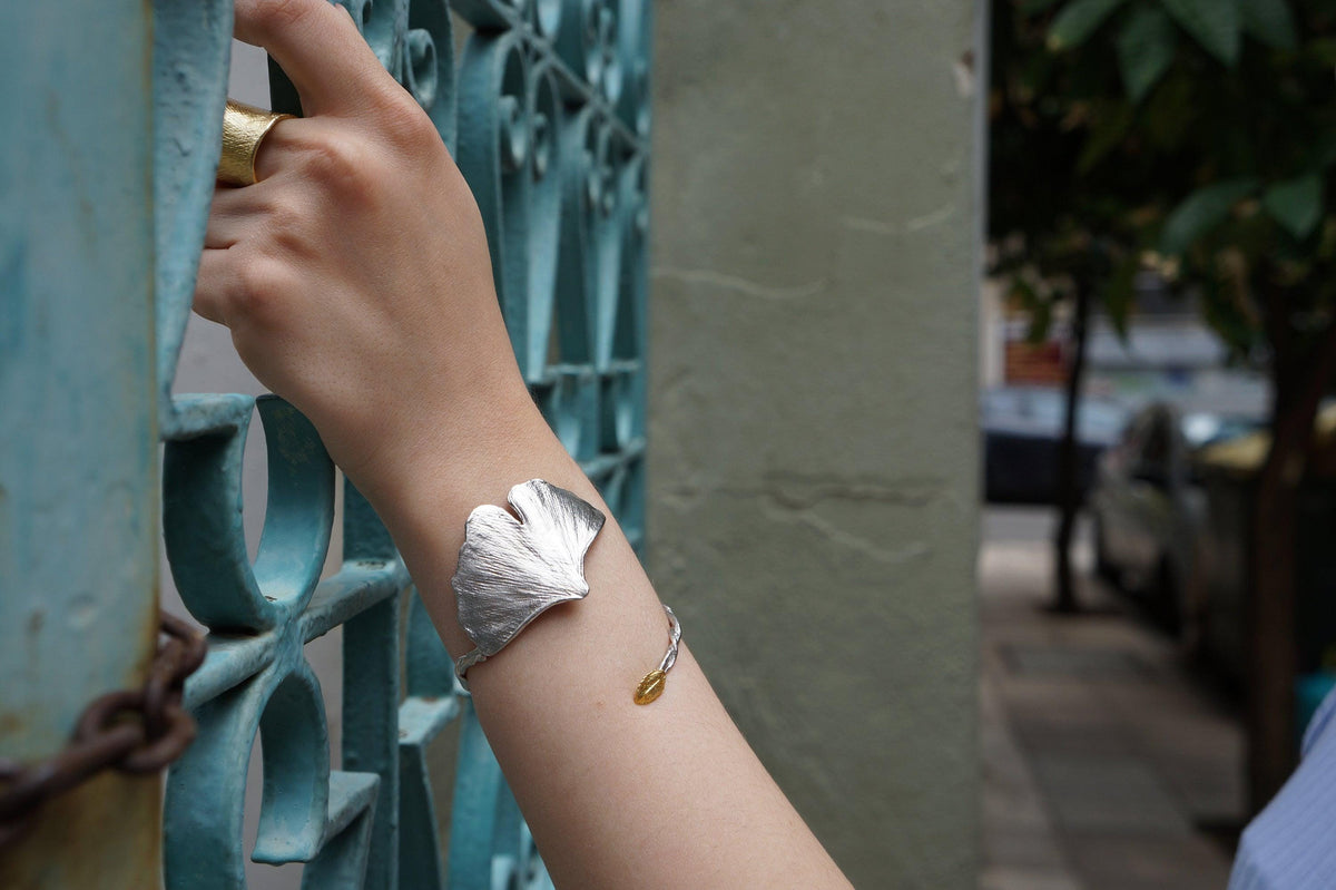 Real Ginkgo Biloba Bracelet, Handmade Nature Jewelry, Organic Forest Cuff, Gift for Longevity & Protection, Gold or Sterling Silver 925-4