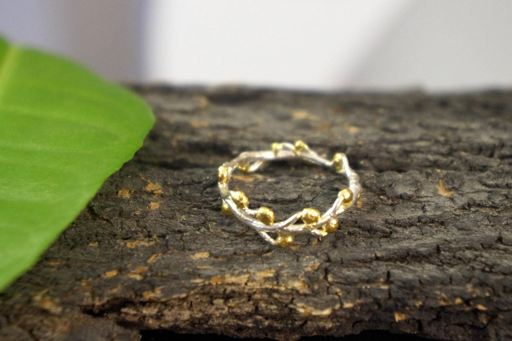 Handmade gold acacia ring crafted from recycled sterling silver featuring intricate botanical leaf vein details — view 2