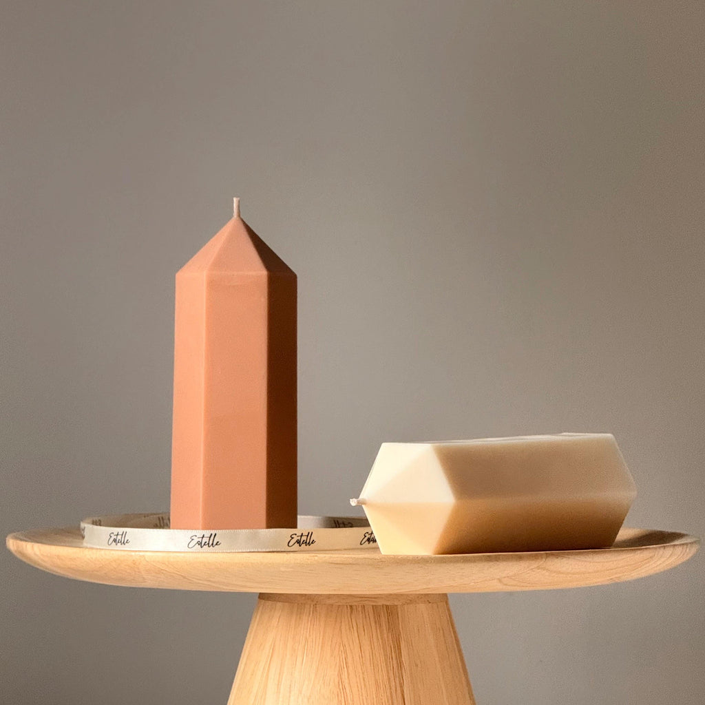 Greko peak soy wax candle, tall ribbed aesthetic pillar taper design for home decor styling