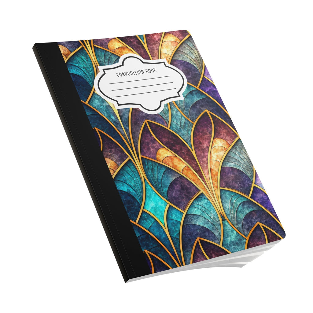Art Deco composition notebook with vibrant jewel-toned geometric patterns and a soft touch cover — view 3
