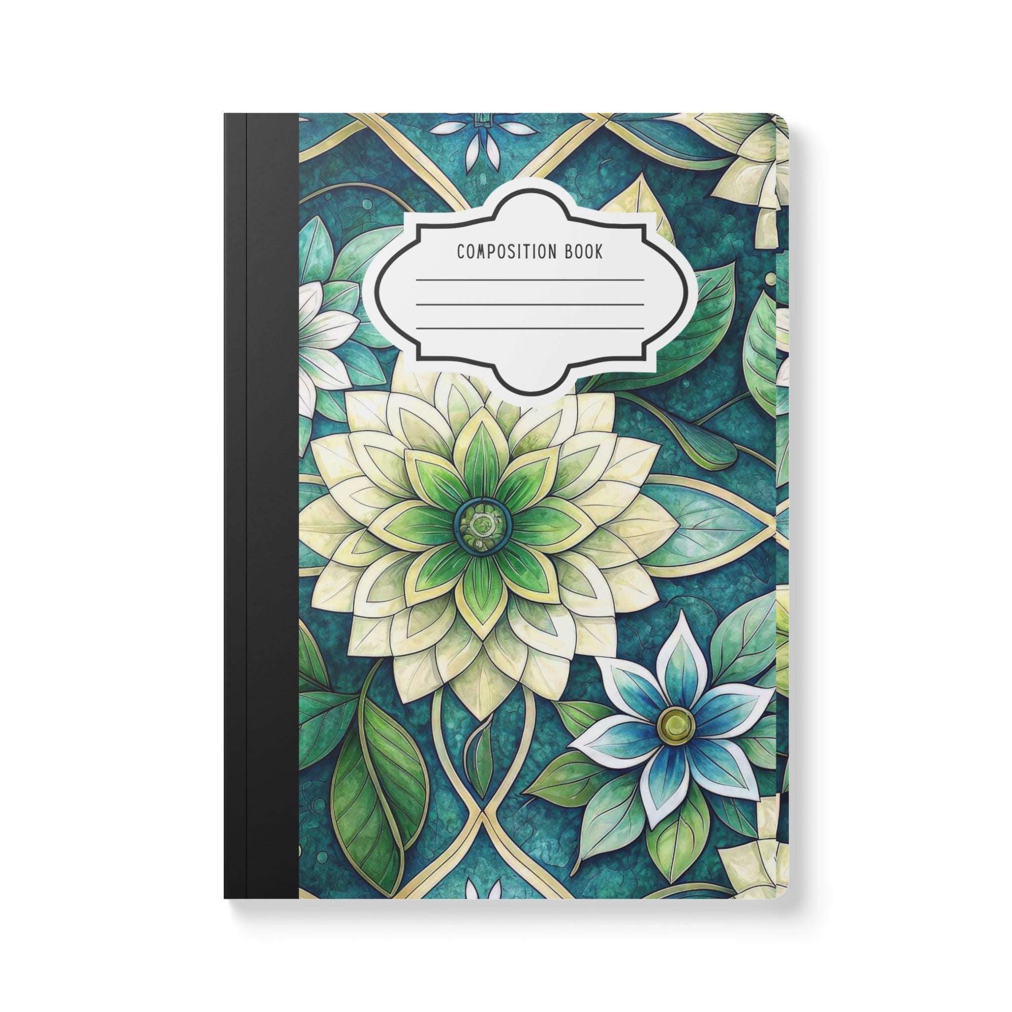 Serene green floral mandala composition notebook featuring a soft-touch cover and college-ruled paper