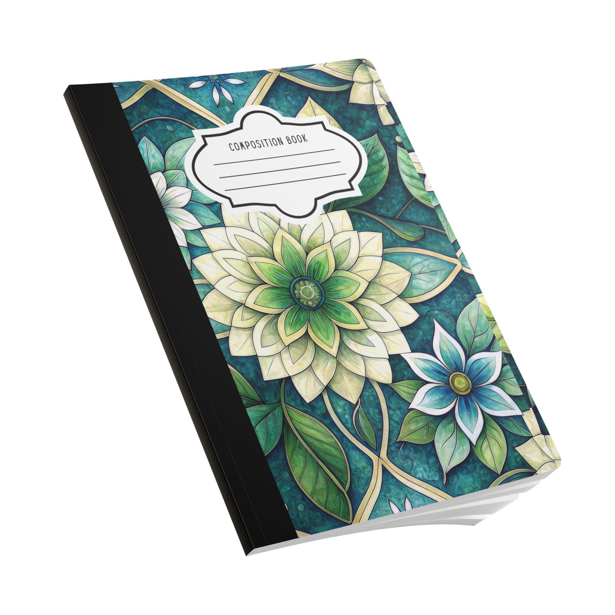 Serene green floral mandala composition notebook featuring a soft-touch cover and college-ruled paper — view 3
