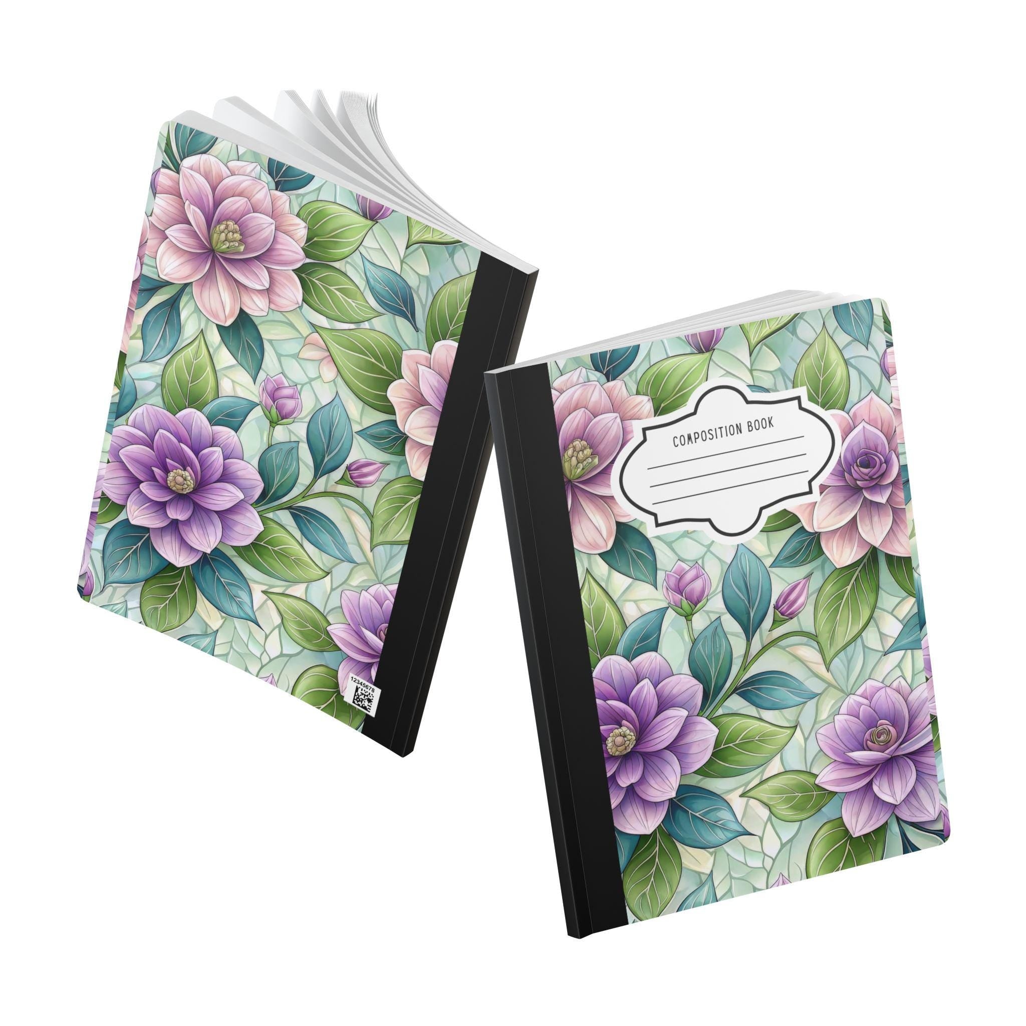 Pastel rose garden composition notebook with soft floral pattern cover and college ruled paper — view 5