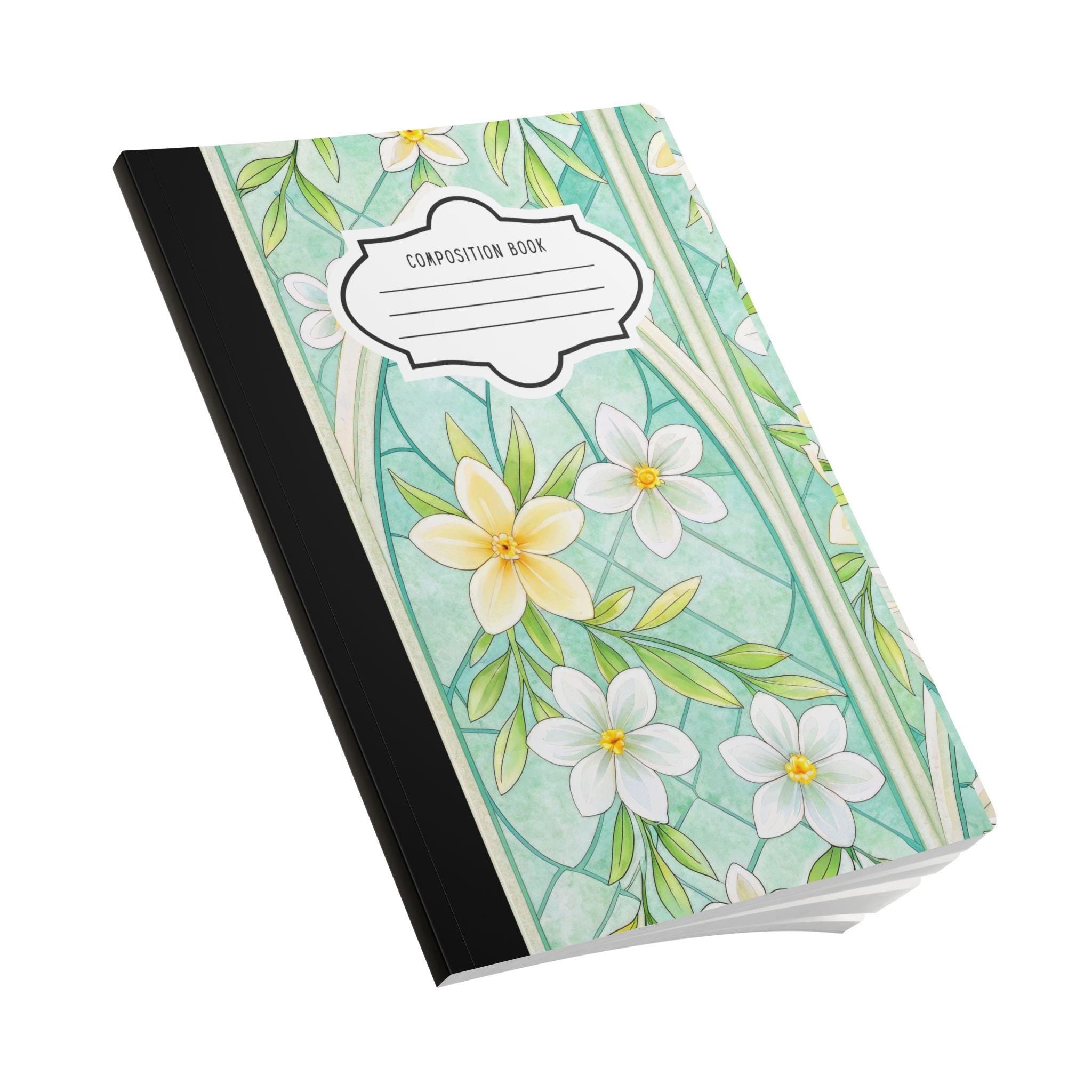 Mint blossom floral stained glass composition notebook with soft touch cover and college ruled paper — view 3