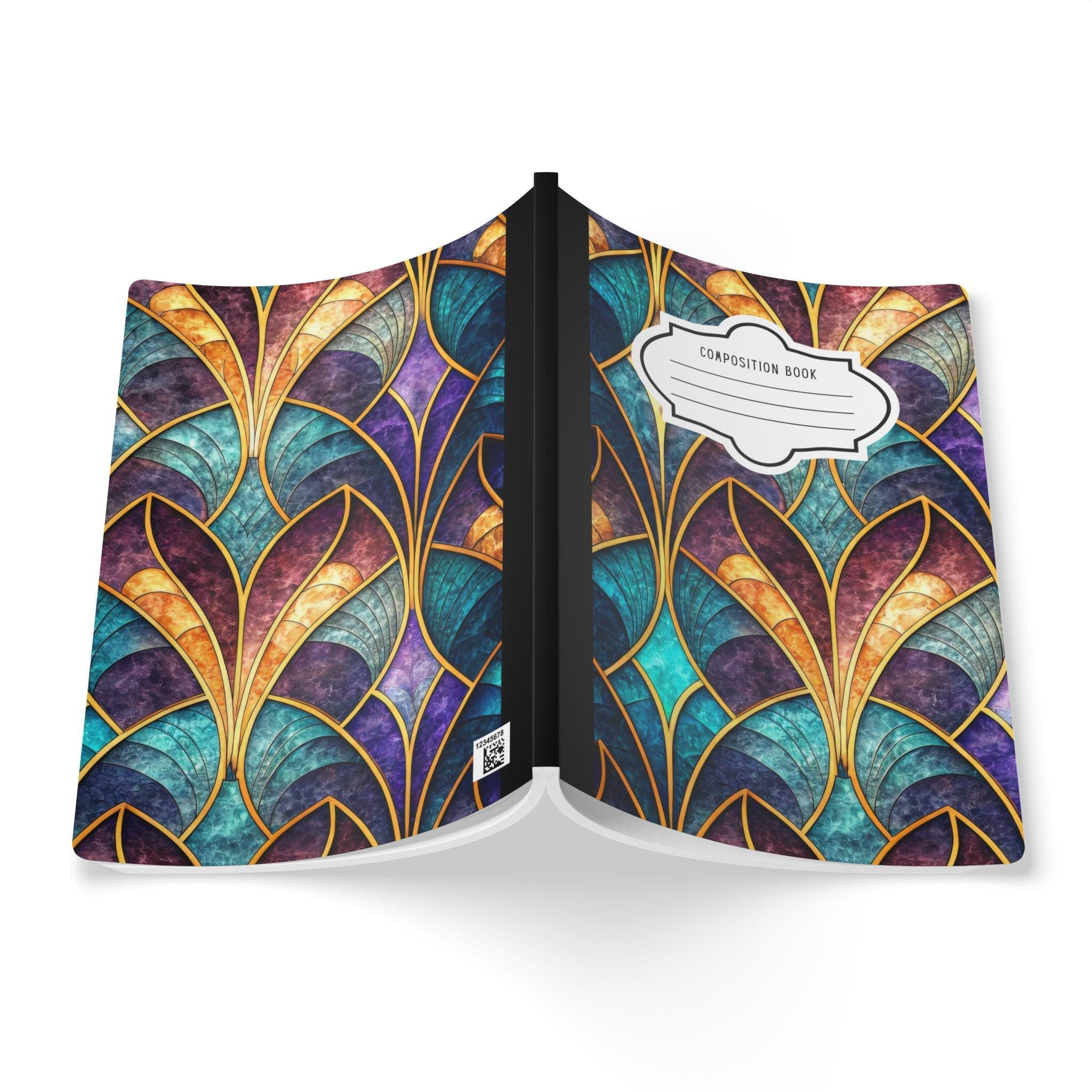 Art Deco composition notebook with vibrant jewel-toned geometric patterns and a soft touch cover — view 2