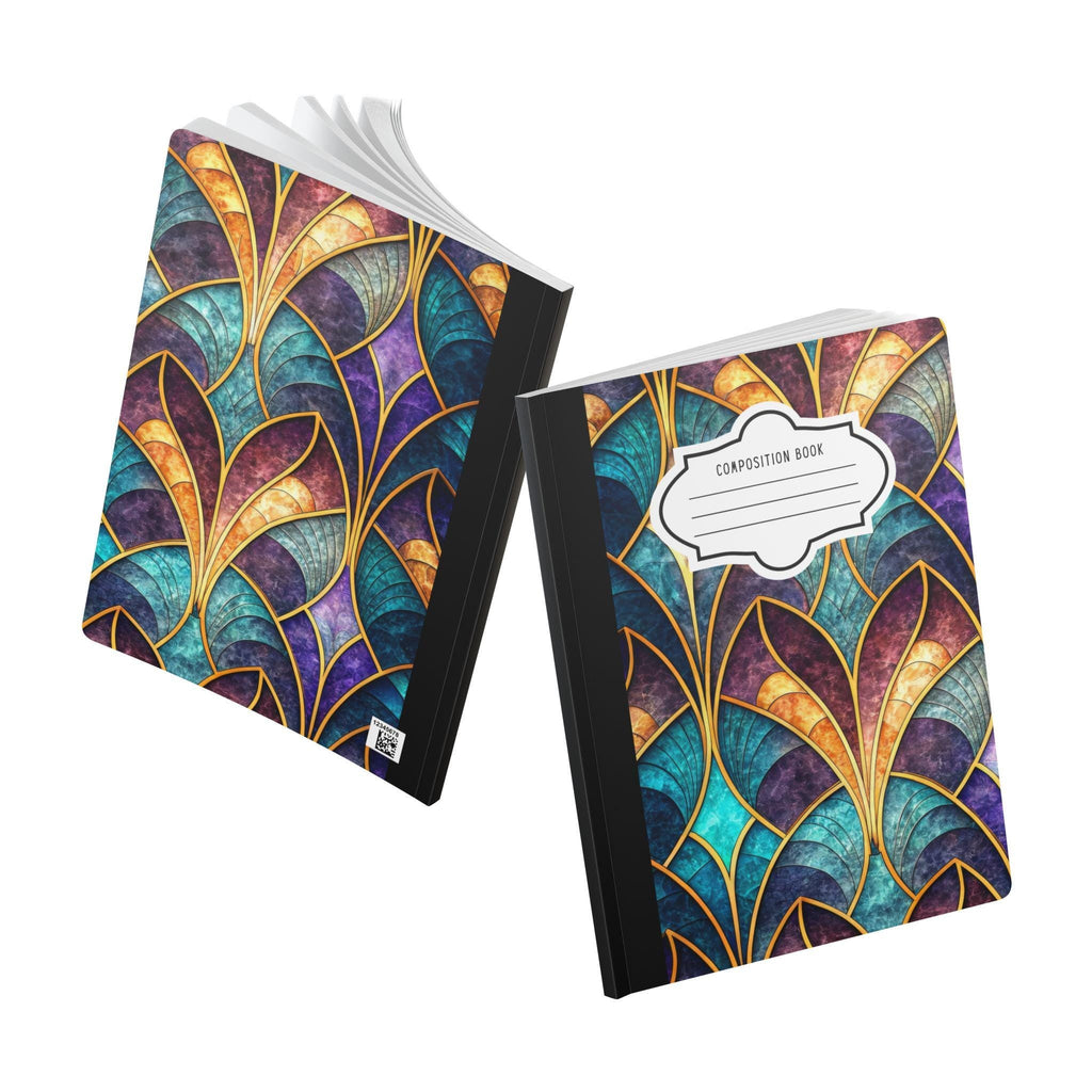 Art Deco composition notebook with vibrant jewel-toned geometric patterns and a soft touch cover — view 5