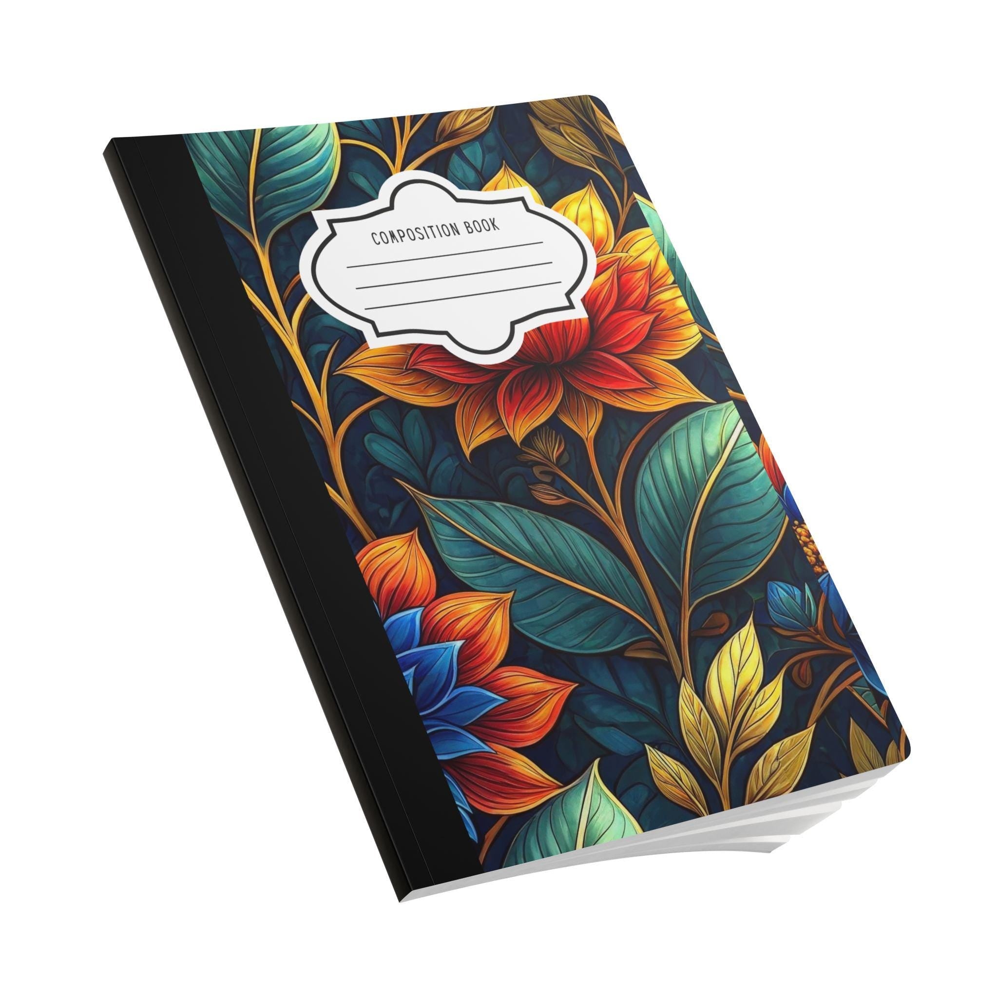 Midnight garden floral composition notebook with a dark botanical soft-touch cover and college-ruled pages — view 3