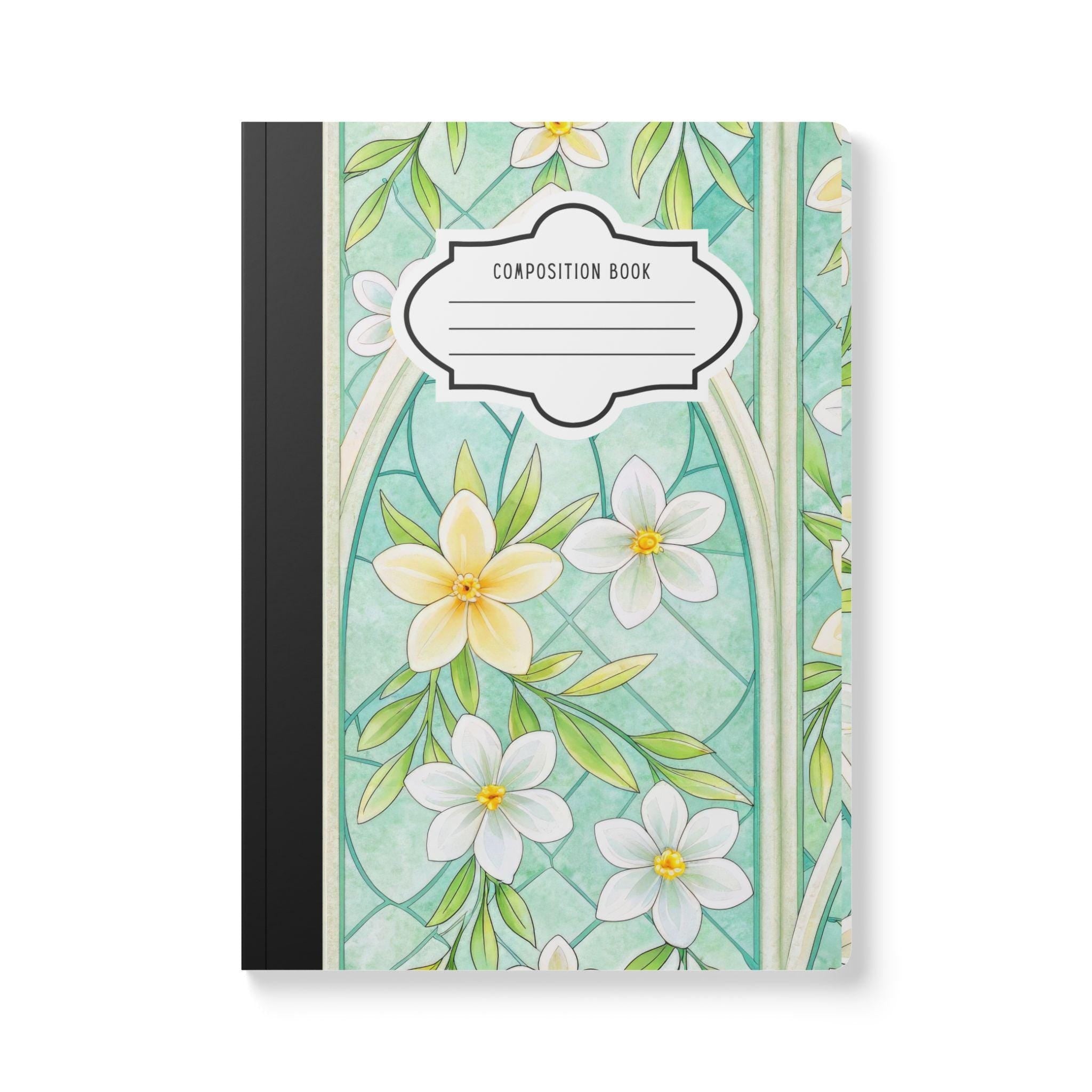 Mint blossom floral stained glass composition notebook with soft touch cover and college ruled paper