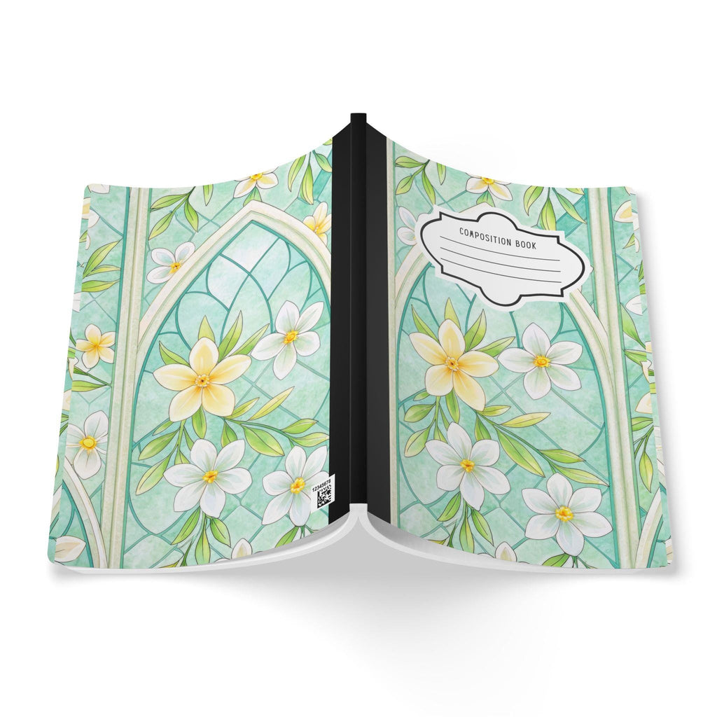 Mint blossom floral stained glass composition notebook with soft touch cover and college ruled paper — view 2