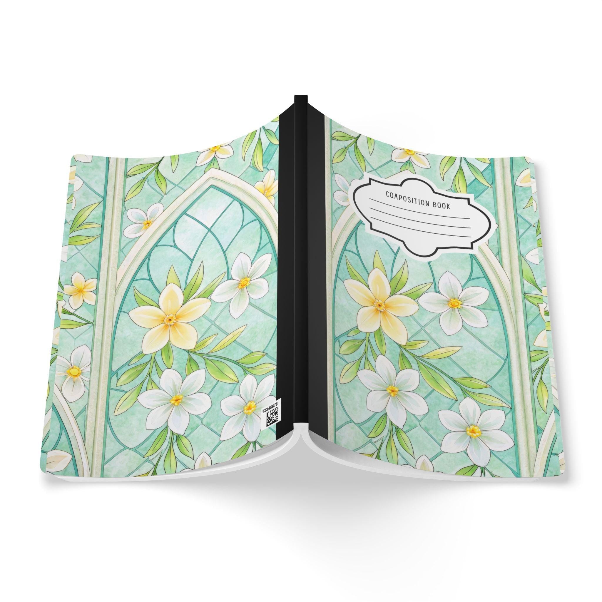 Mint blossom floral stained glass composition notebook with soft touch cover and college ruled paper — view 2