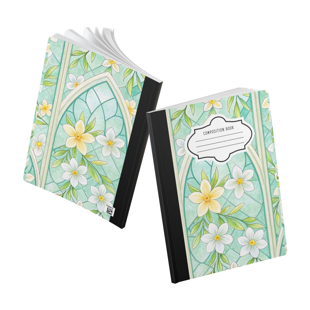 Mint blossom floral stained glass composition notebook with soft touch cover and college ruled paper — view 5