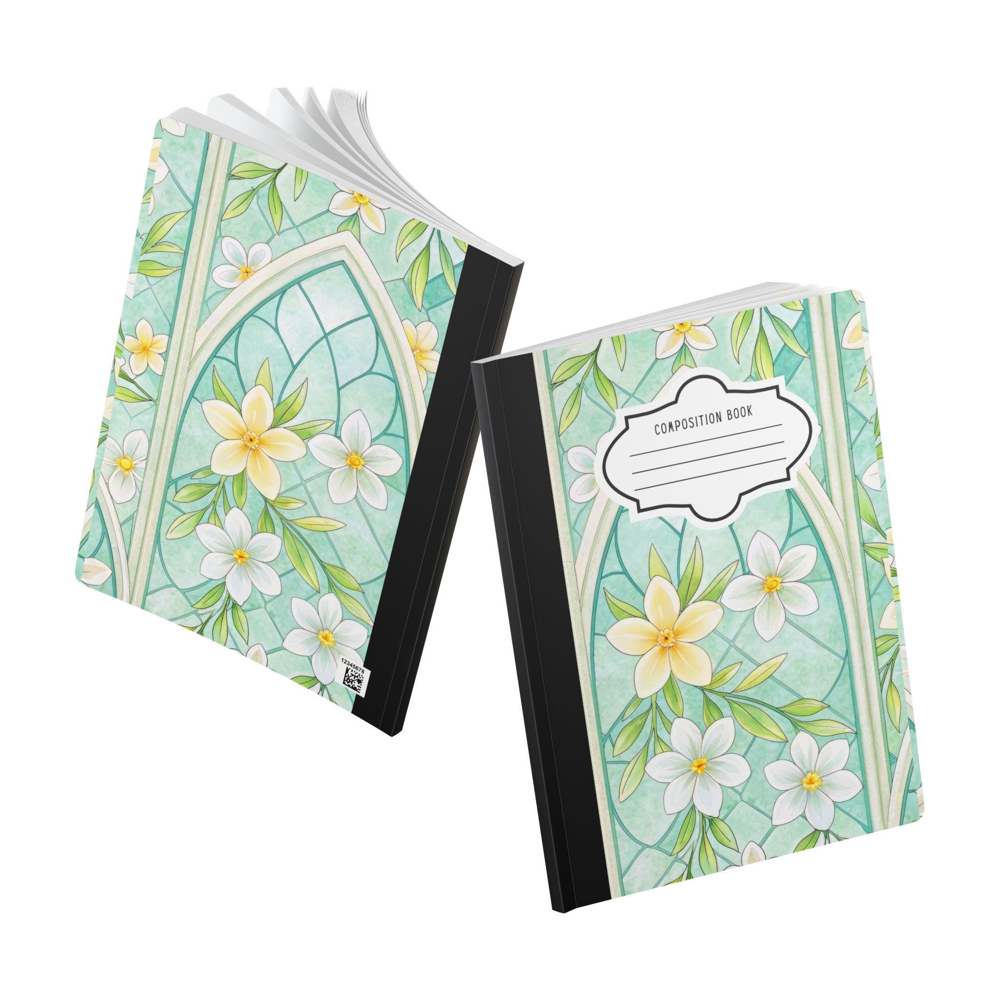 Mint blossom floral stained glass composition notebook with soft touch cover and college ruled paper — view 5