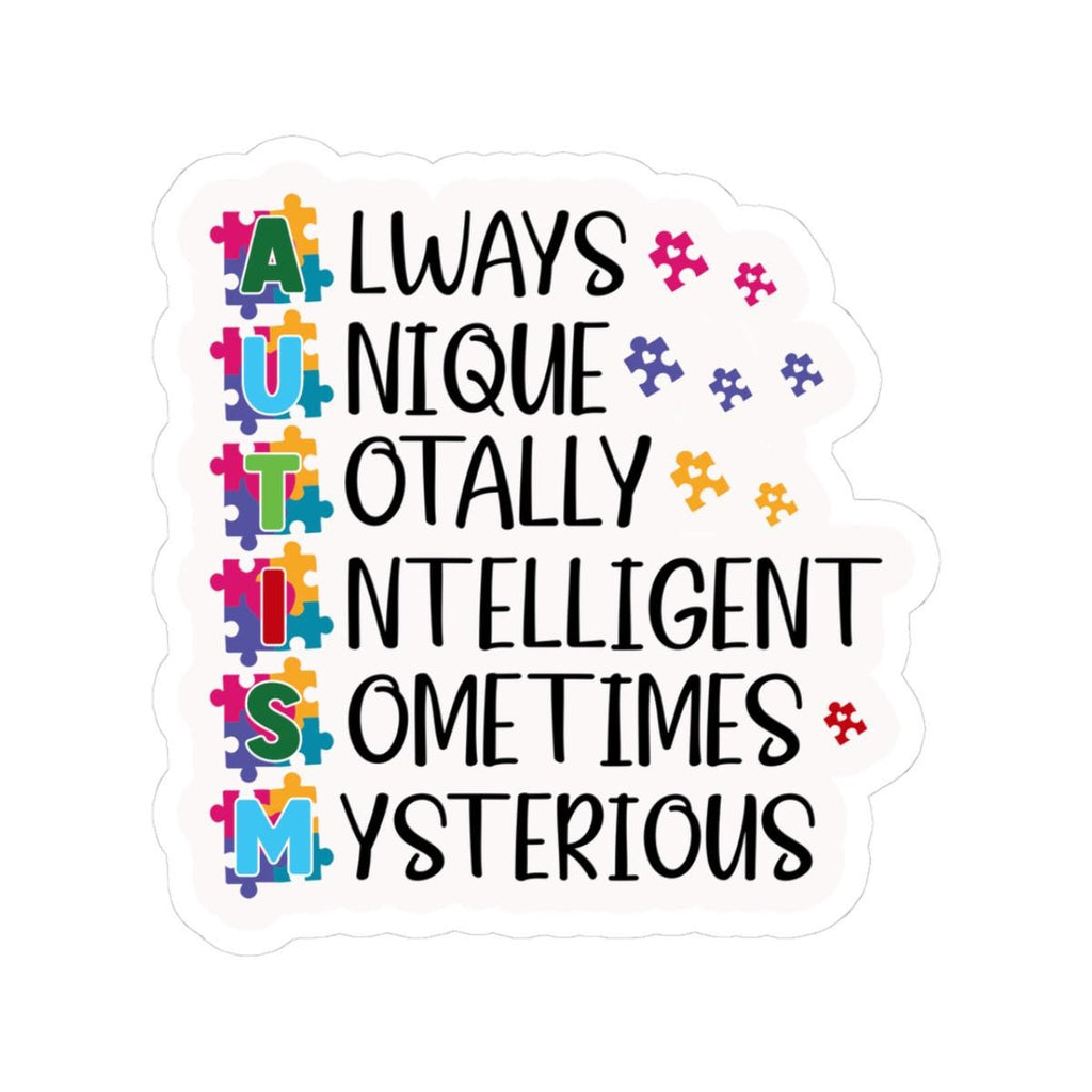 Autism pride vinyl sticker featuring a vibrant and colorful puzzle piece design on waterproof material.