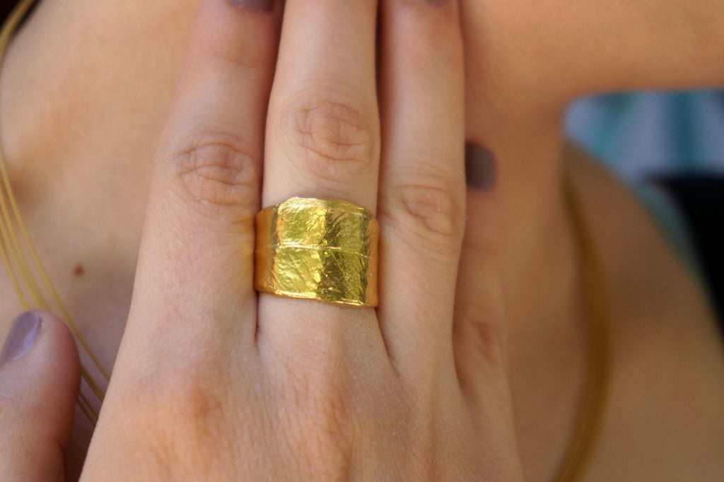 Real Olive Leaf Gold Ring, Handmade Nature Jewelry, Organic Tree Band, Boho Gift for Health & Success, Eco Sustainbale Sterling Silver 925-0