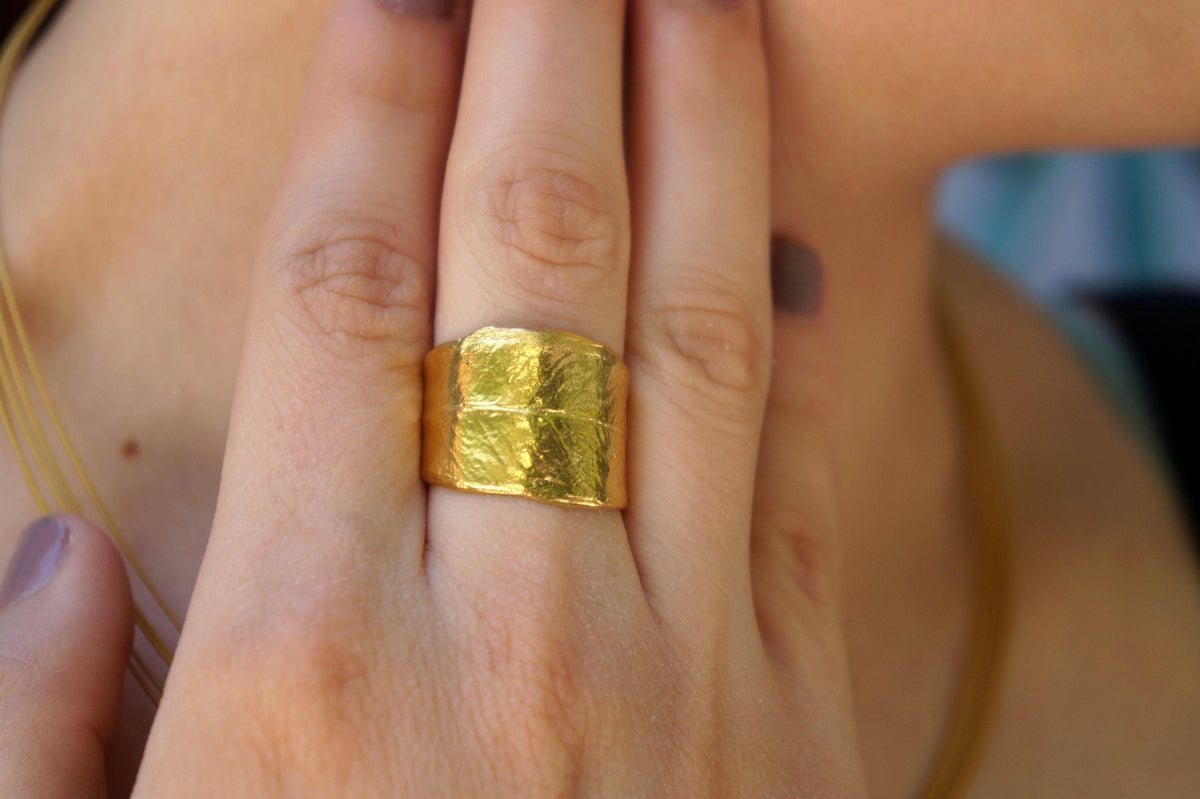 Real Olive Leaf Gold Ring, Handmade Nature Jewelry, Organic Tree Band, Boho Gift for Health & Success, Eco Sustainbale Sterling Silver 925-0