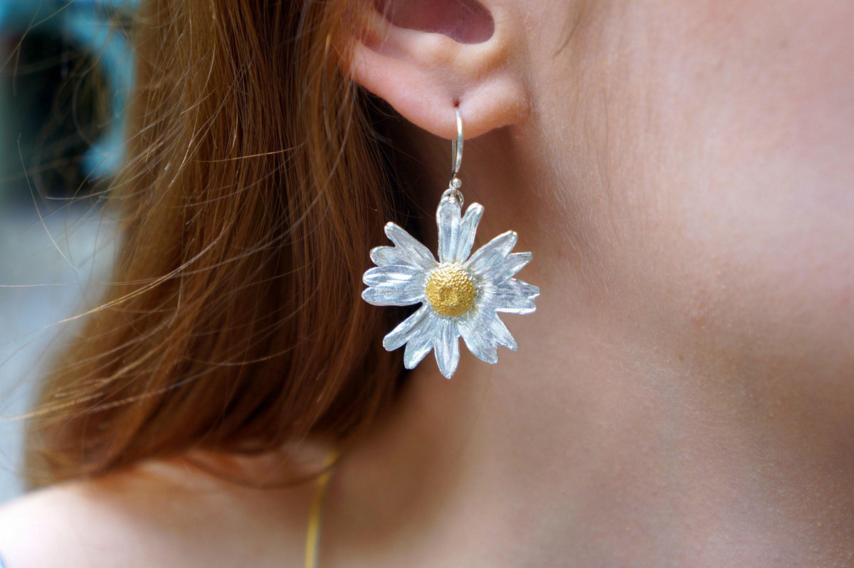 Daisy Flower Earrings, Gold-Plated Sterling Silver Jewelry, Handmade Jewelry, Gift for Her, Jewelry for Women-4