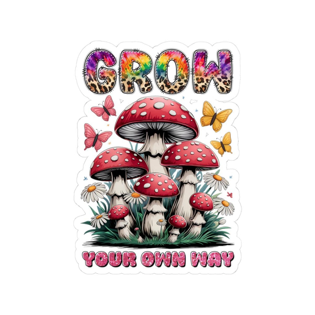 Mushroom garden vinyl sticker featuring colorful retro art and whimsical nature design on solid background