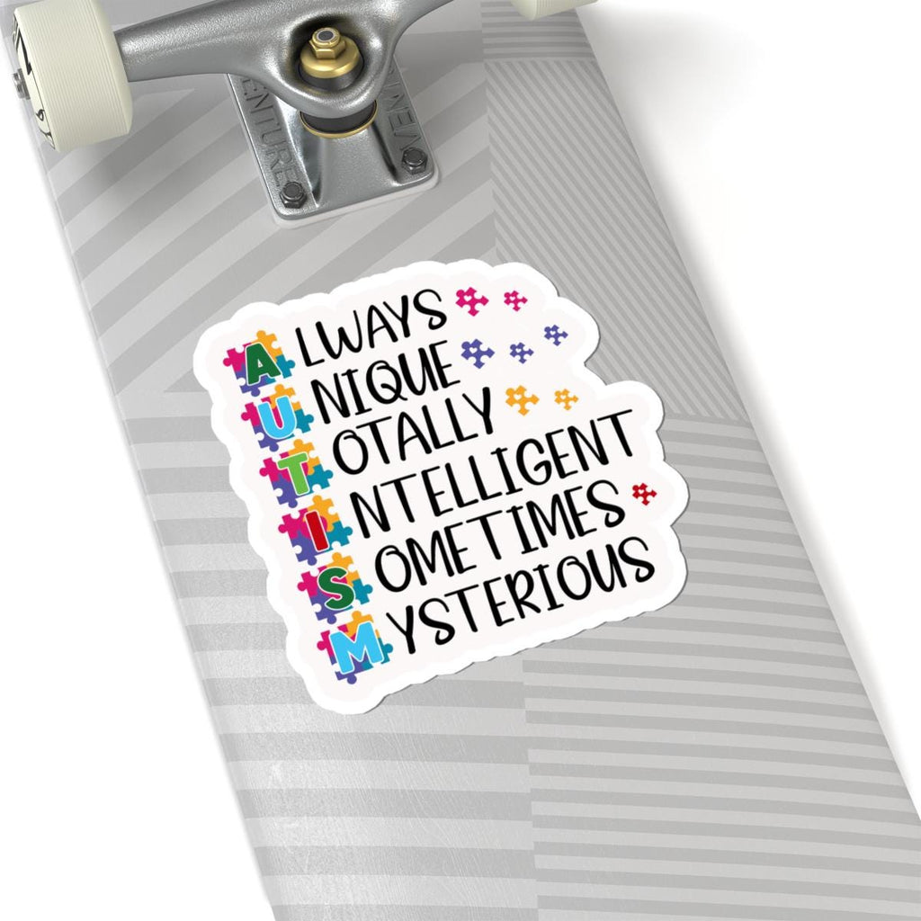Autism pride vinyl sticker featuring a vibrant and colorful puzzle piece design on waterproof material. — view 2