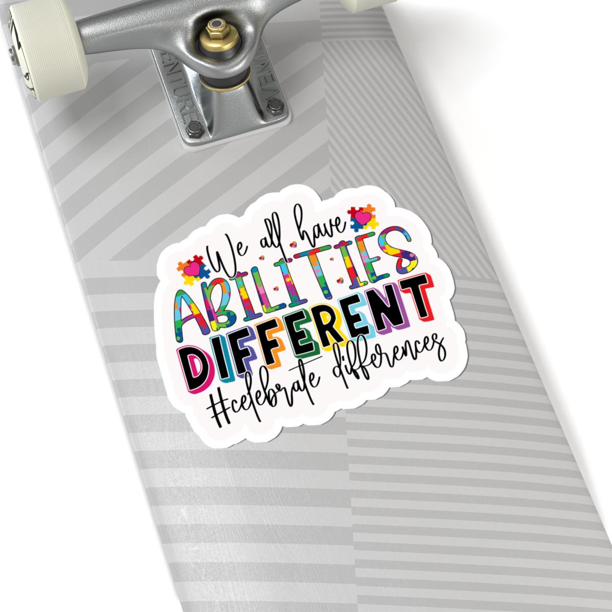 Inclusive puzzle piece vinyl sticker with We All Have Abilities text, colorful and waterproof. — view 2