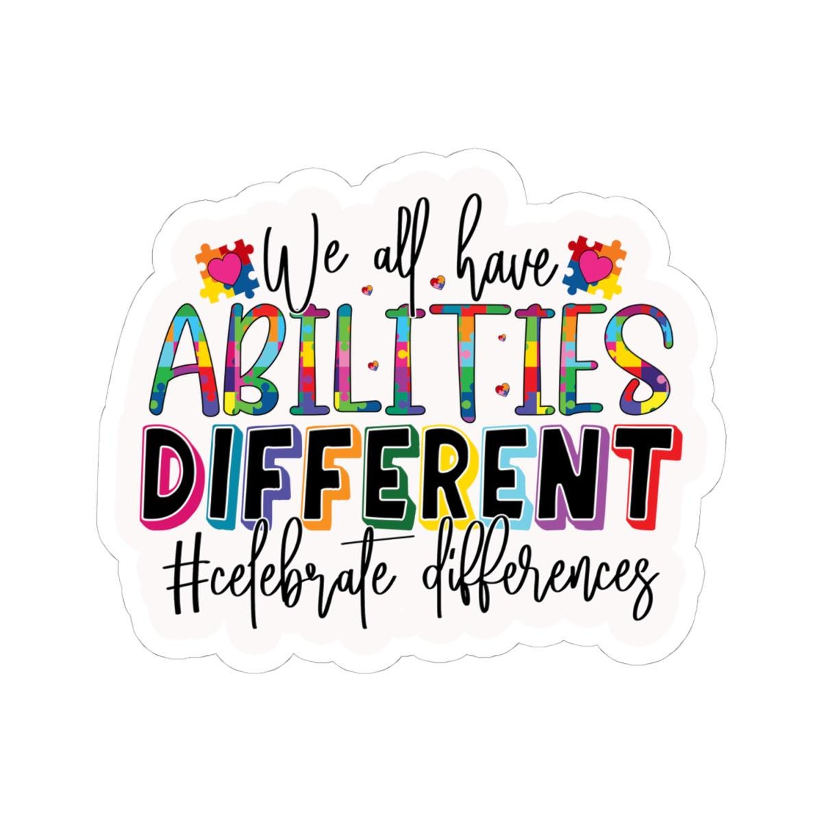 Celebrate differences vinyl sticker featuring a colorful inclusive puzzle piece design with retro typography — view 4