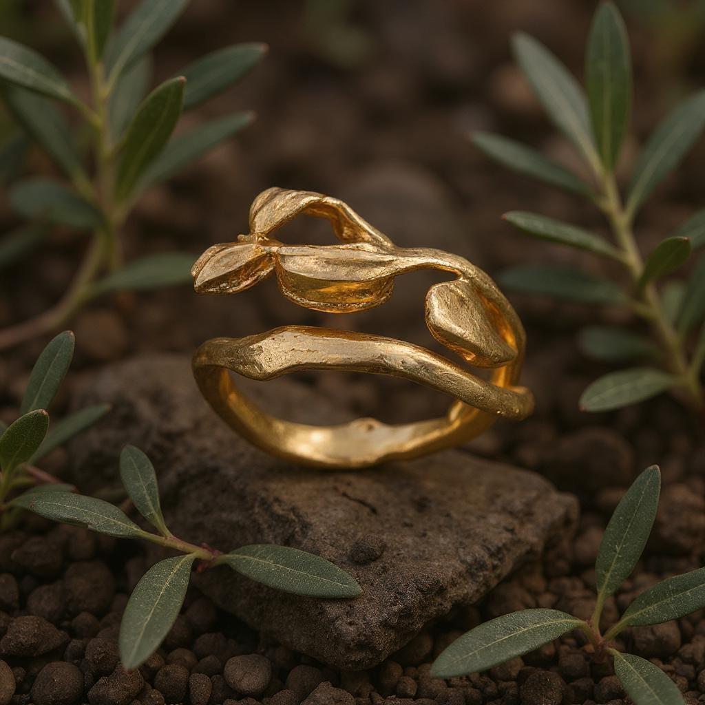 Real Olive Branch Ring, Handmade Nature Jewelry, Organic Tree Twig, Gift for Victory & Health, Eco Recycled Brass-0