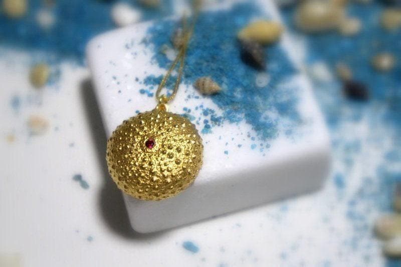 Real Sea Urchin Gold Necklace, Handmade Nature Jewelry, Organic Beach Pendant, Gift for Longevity & Health, Eco Sustainable Brass-1