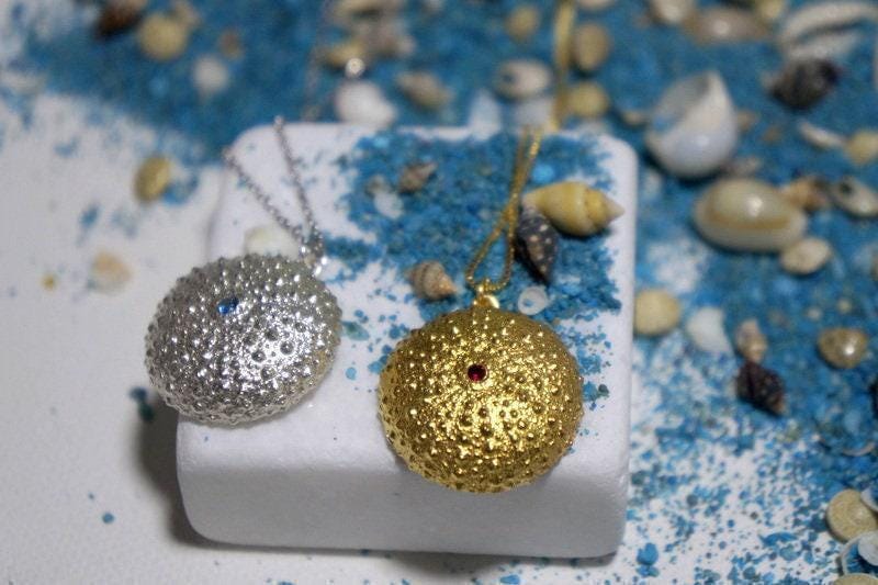 Real Sea Urchin Gold Necklace, Handmade Nature Jewelry, Organic Beach Pendant, Gift for Longevity & Health, Eco Sustainable Brass-4