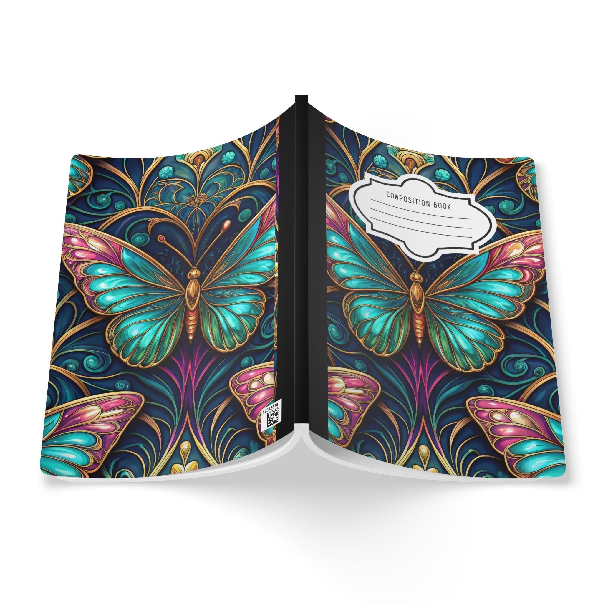 Enchanted teal butterfly composition notebook with elegant patterned soft touch cover and college ruled pages — view 2