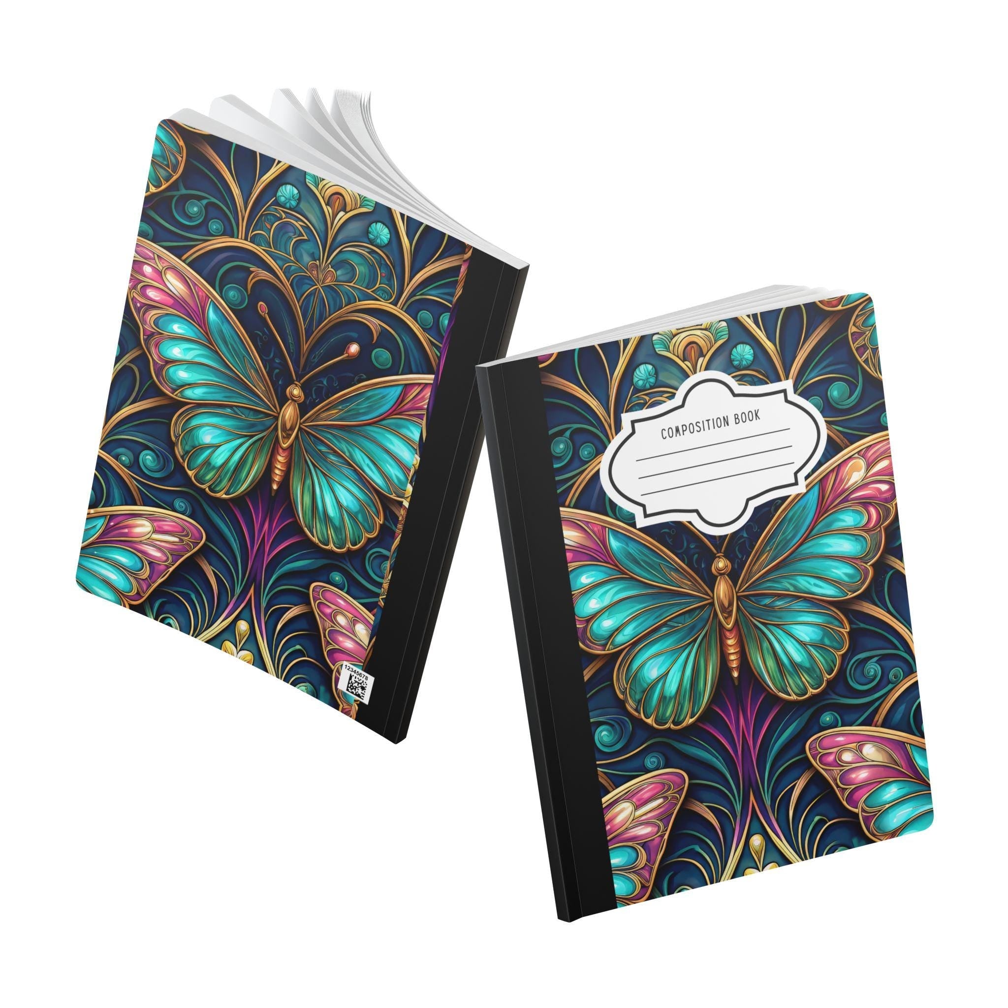 Enchanted teal butterfly composition notebook with elegant patterned soft touch cover and college ruled pages — view 5