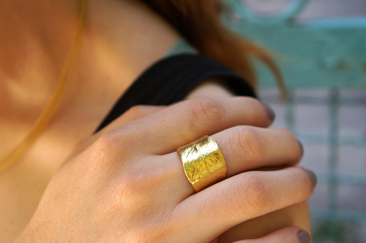 Real Olive Leaf Gold Ring, Handmade Nature Jewelry, Organic Tree Band, Boho Gift for Health & Success, Eco Sustainbale Sterling Silver 925-2