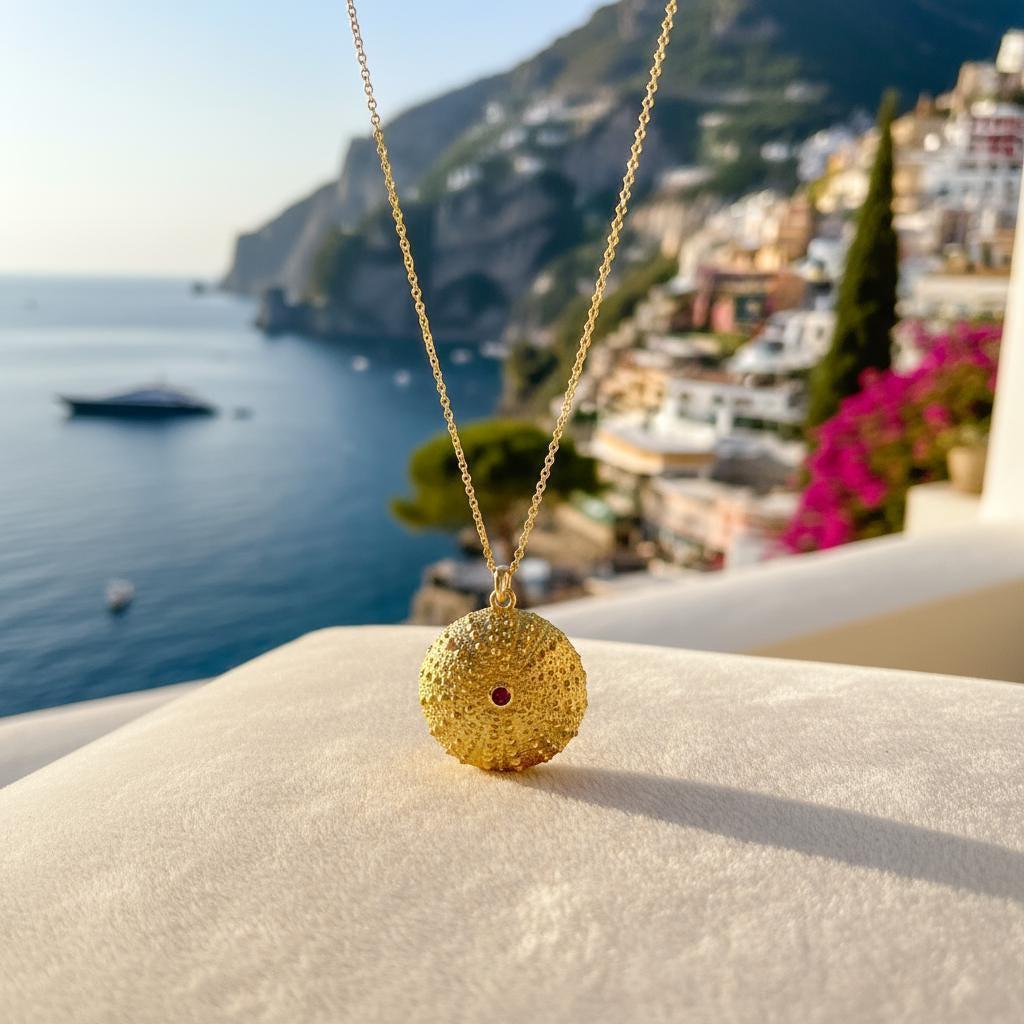 Real Sea Urchin Gold Necklace, Handmade Nature Jewelry, Organic Beach Pendant, Gift for Longevity & Health, Eco Sustainable Brass-2