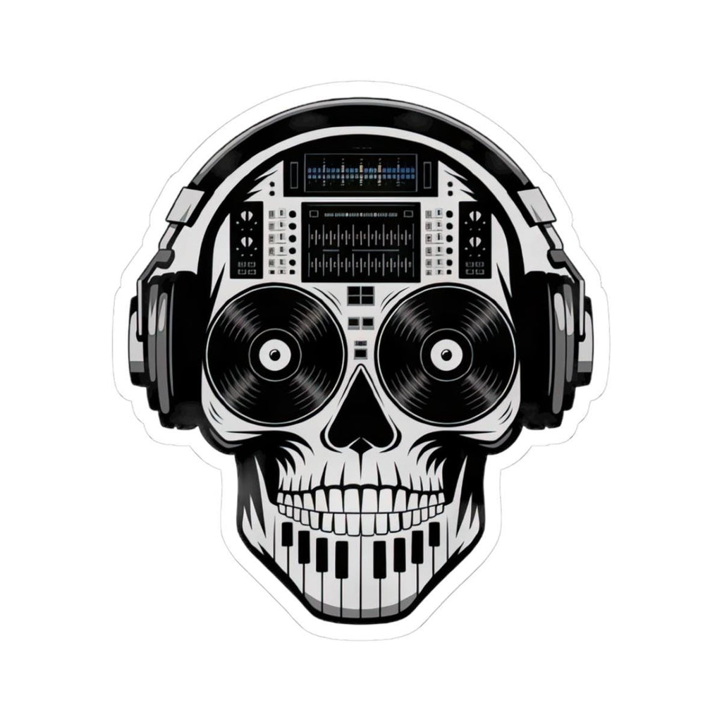 Waterproof vinyl DJ skull sticker featuring headphones, turntable, and piano keys in vibrant colors