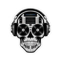 Waterproof vinyl DJ skull sticker featuring headphones, turntable, and piano keys in vibrant colors