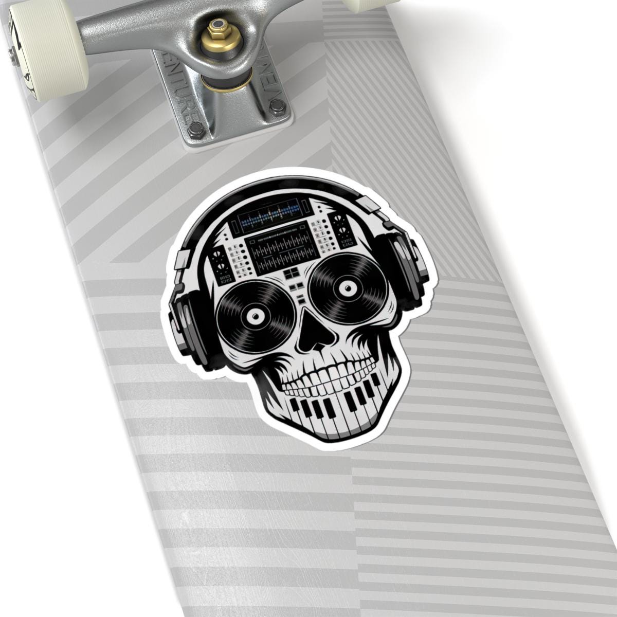 Waterproof vinyl DJ skull sticker featuring headphones, turntable, and piano keys in vibrant colors — view 2