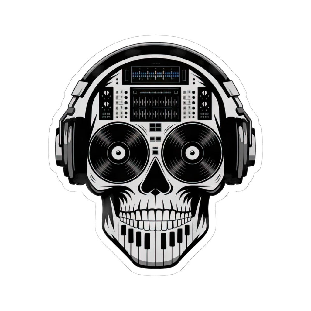Waterproof vinyl DJ skull sticker featuring headphones, turntable, and piano keys in vibrant colors — view 4