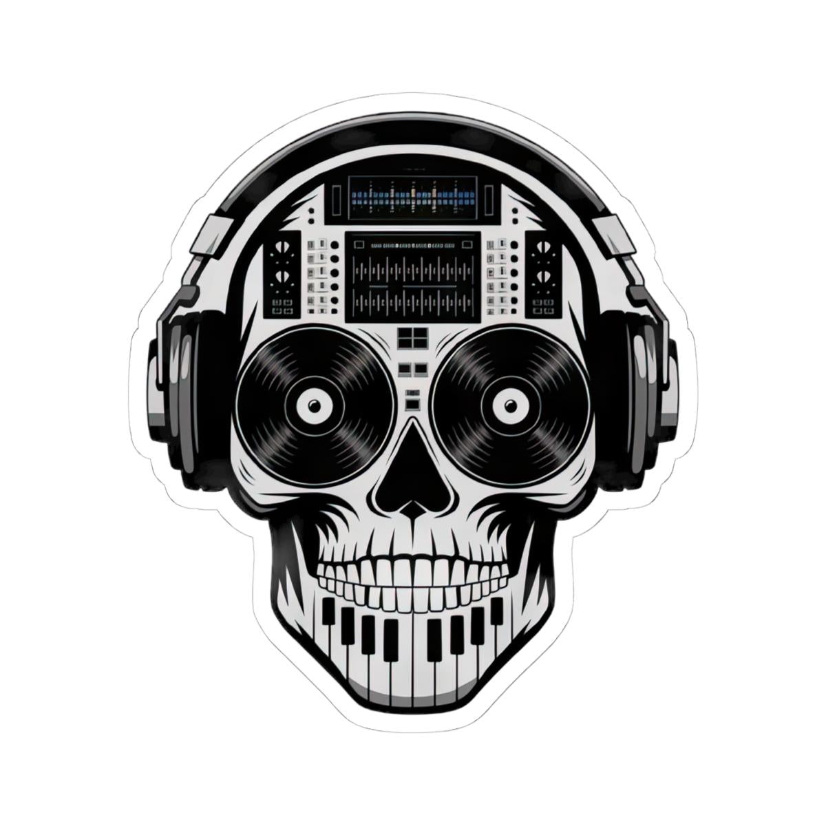 Waterproof vinyl DJ skull sticker featuring headphones, turntable, and piano keys in vibrant colors — view 4