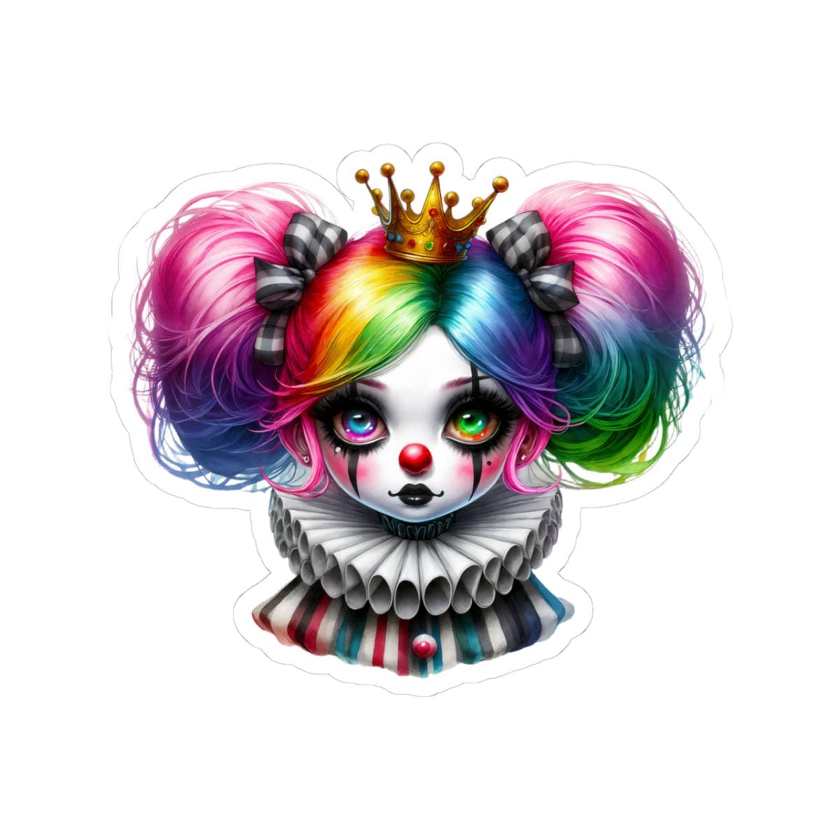 Rainbow circuscore clown girl vinyl sticker featuring pastel goth princess design.
