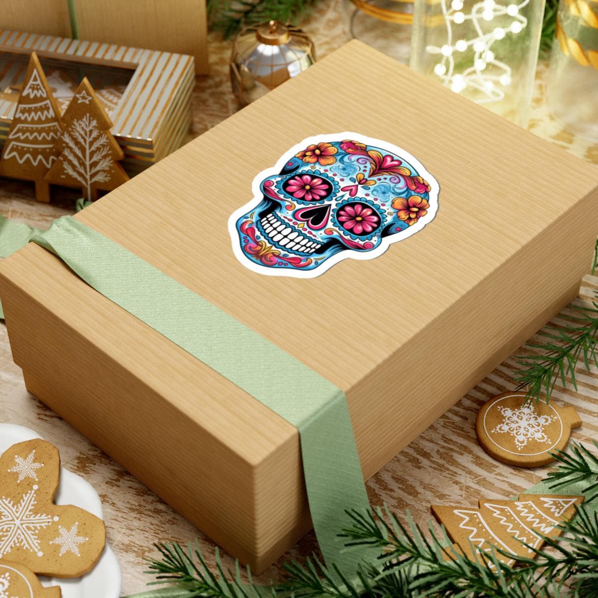 Pink bloom sugar skull waterproof vinyl sticker with floral details for laptops and water bottles — view 3