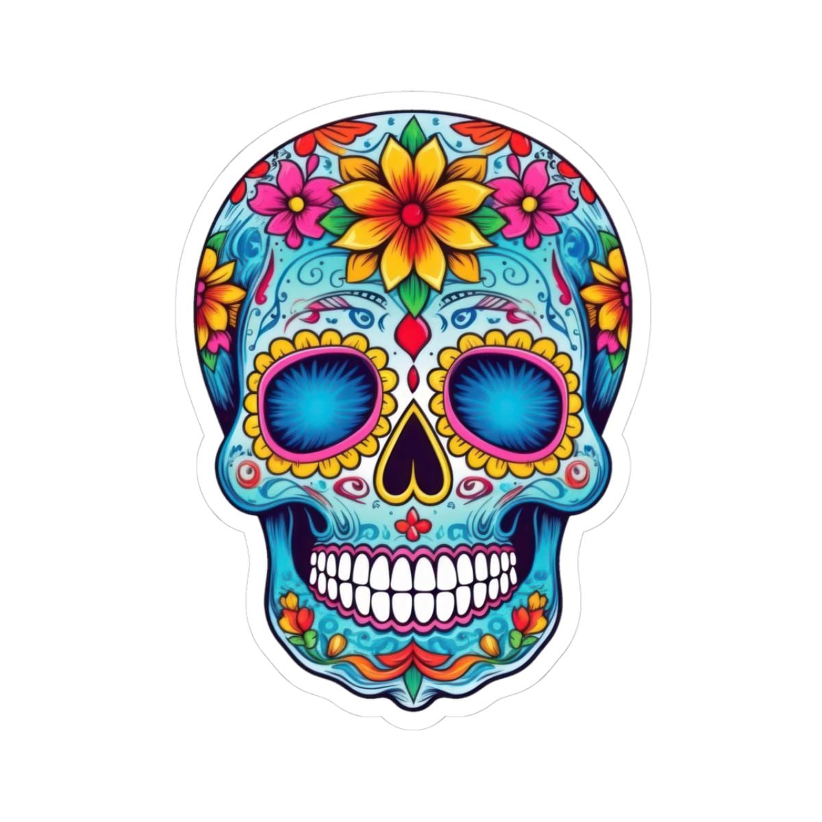 Vibrant floral sugar skull vinyl sticker for laptops and water bottles with colorful waterproof finish.