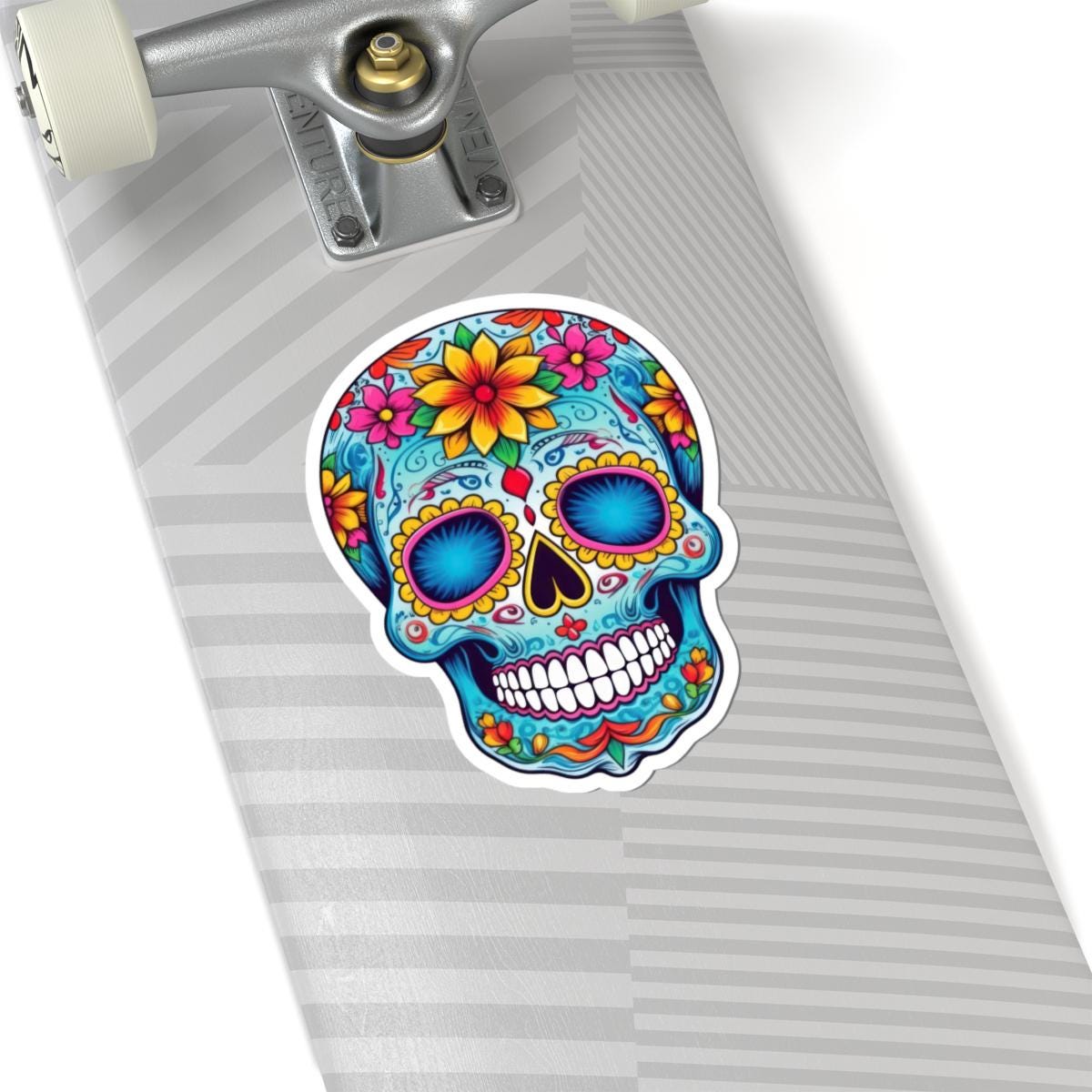 Vibrant floral sugar skull vinyl sticker for laptops and water bottles with colorful waterproof finish. — view 2
