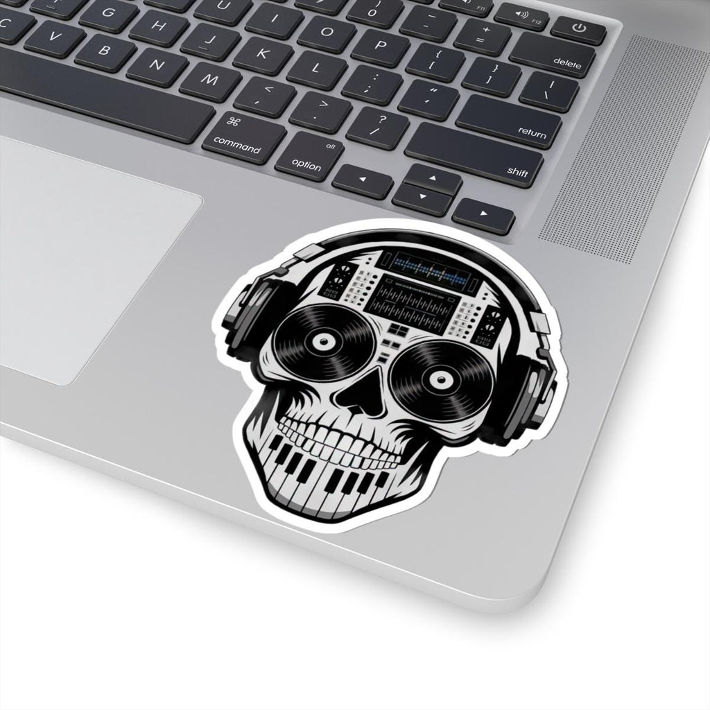 Waterproof vinyl DJ skull sticker featuring headphones, turntable, and piano keys in vibrant colors — view 5