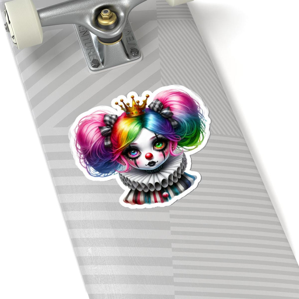 Rainbow circuscore clown girl vinyl sticker featuring pastel goth princess design. — view 2