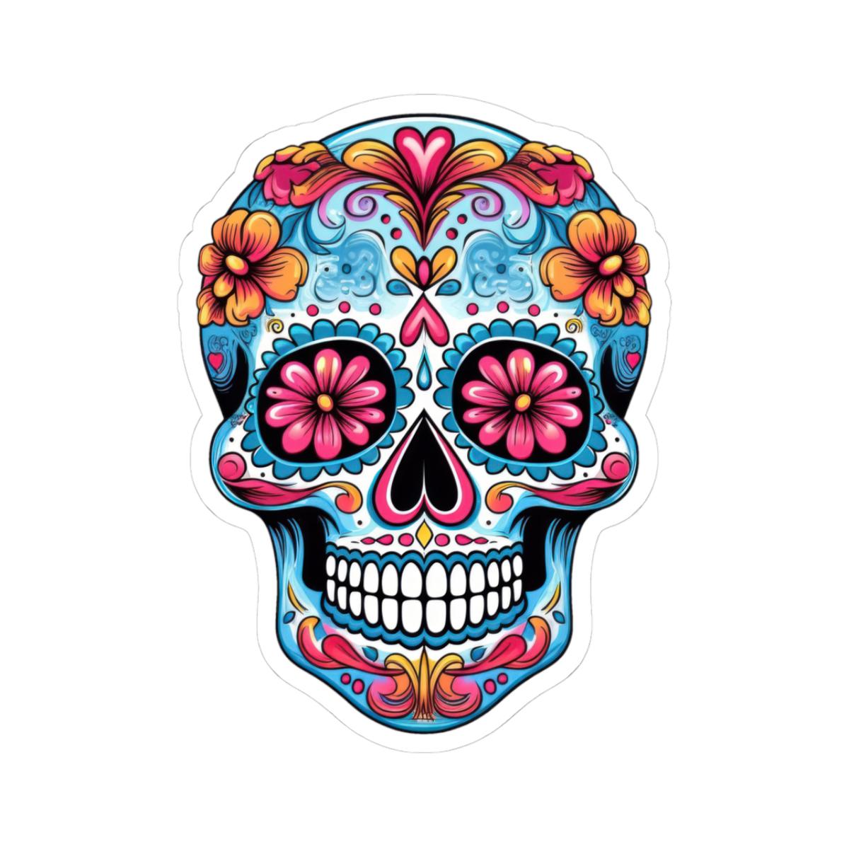 Pink bloom sugar skull waterproof vinyl sticker with floral details for laptops and water bottles