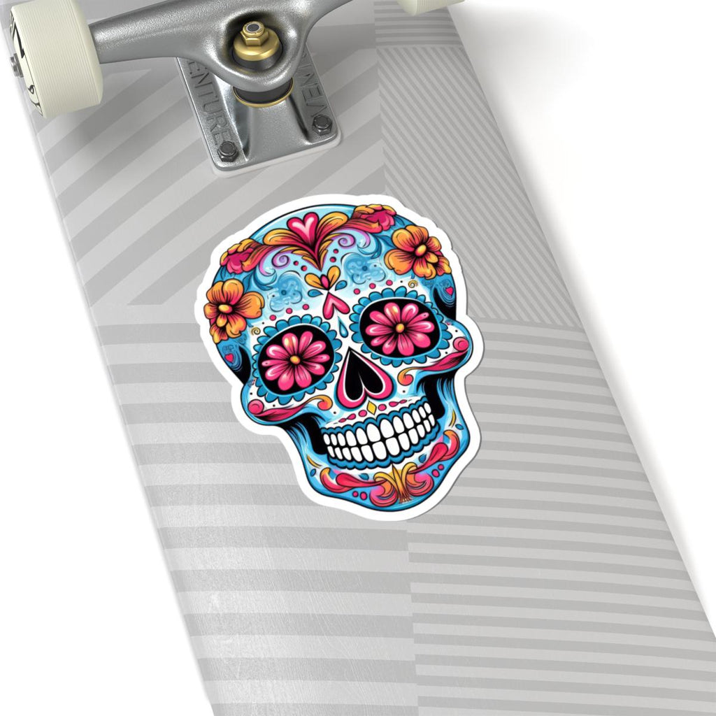 Pink bloom sugar skull waterproof vinyl sticker with floral details for laptops and water bottles — view 2