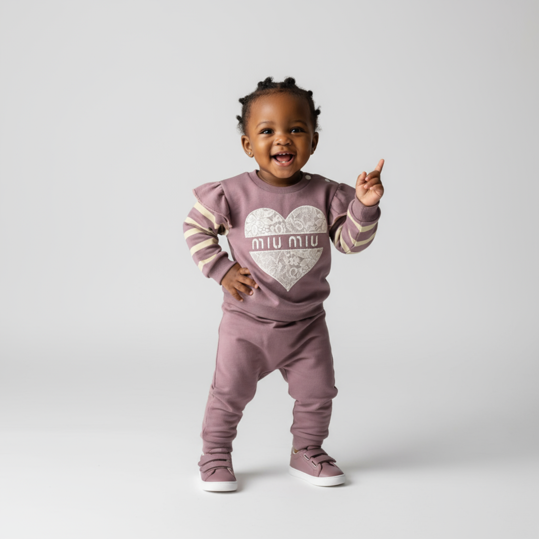 Girls jogger set in 100% cotton with a striped heart top and elastic waist pants — view 2