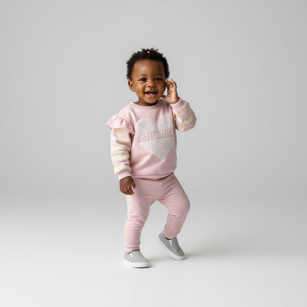 Girls jogger set in 100% cotton with a striped heart top and elastic waist pants — view 3